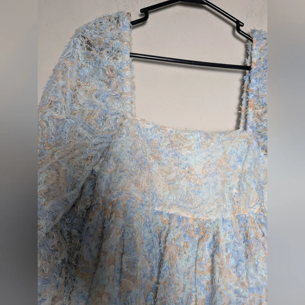 Storia Babydoll Dress Blue Tan Lacey Puff Sleeve Ruffle Square Neck Cottage Core - Picture 6 of 10